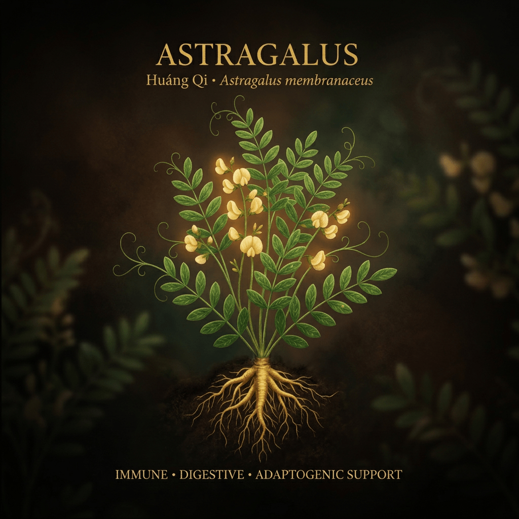 Astragalus botanical editorial image with gold serif text