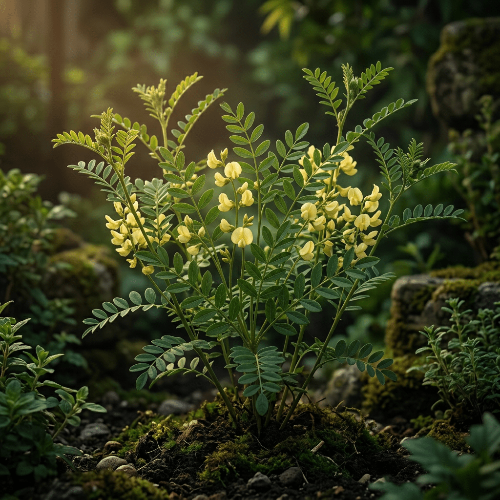 Astragalus growing naturally in a moody herb garden