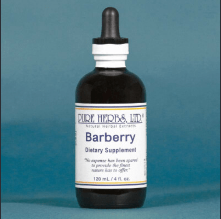 A 120 mL amber glass dropper bottle of Pure Herbs Ltd. Barberry Dietary Supplement, featuring a white label with blue text and a black rubber dropper cap, set against a solid teal-blue background.