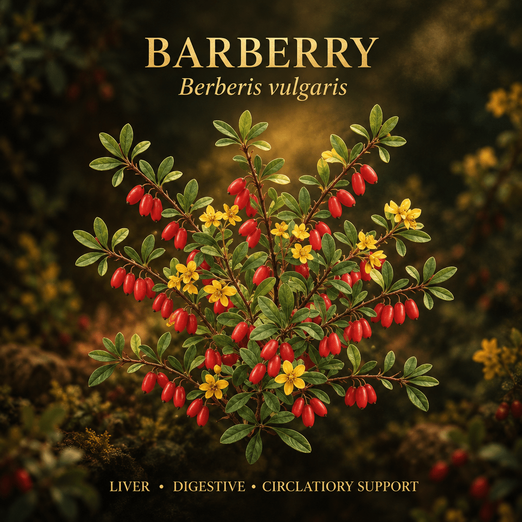 Barberry editorial image with gold serif text