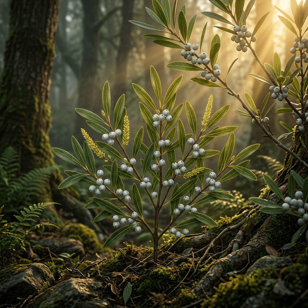 Bayberry growing naturally in a golden-lit woodland