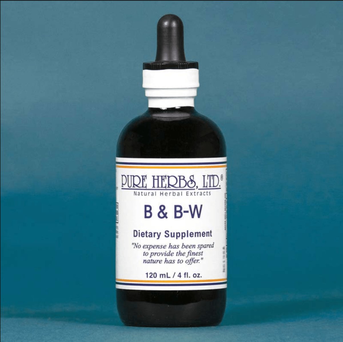 A 120 mL dark amber glass dropper bottle of Pure Herbs Ltd. B & B-W dietary supplement, featuring a white label with blue text and a black rubber dropper cap, set against a solid teal-blue background.