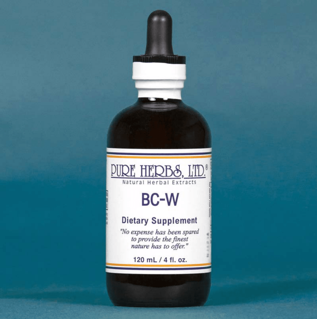 A 120 mL amber glass dropper bottle of Pure Herbs, Ltd. BC-W dietary supplement, featuring a white label with blue and orange text, set against a solid blue background.