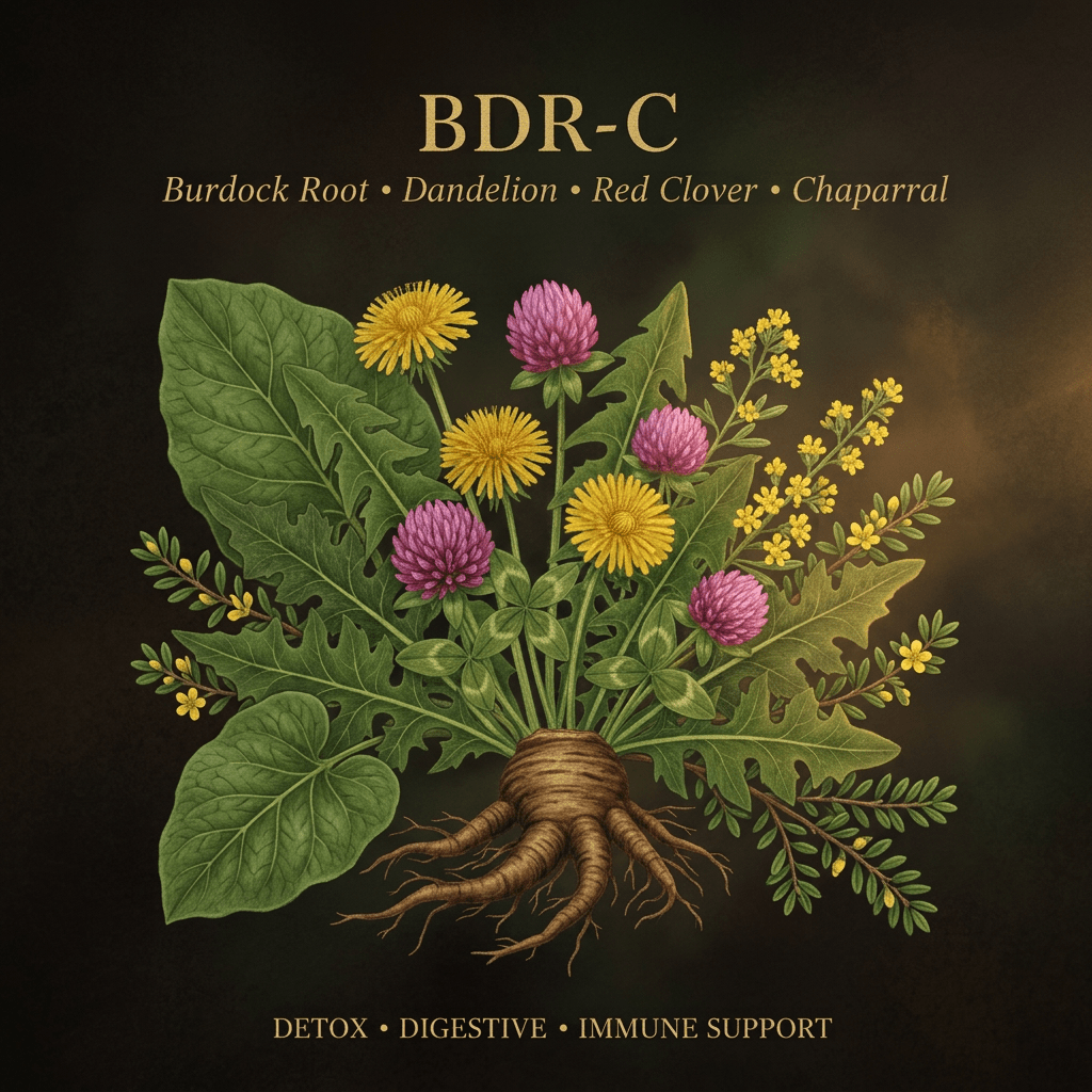 BDR-C botanical editorial image with gold serif text