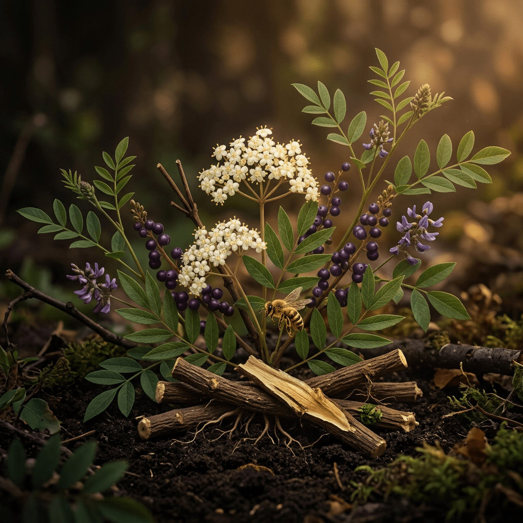 Bee, elderflowers, and licorice combined in a moody garden