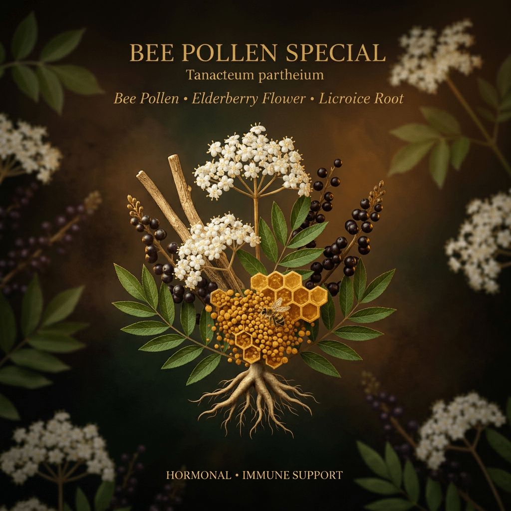 Bee Pollen Special editorial image with gold serif text