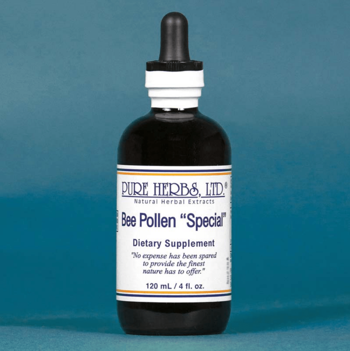 A 120 mL bottle of Pure Herbs, Ltd. Bee Pollen "Special" dietary supplement, featuring a dark amber glass bottle, white label, and black dropper cap, set against a solid teal-blue background.