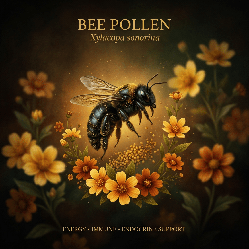 Bee pollen editorial image with gold serif text