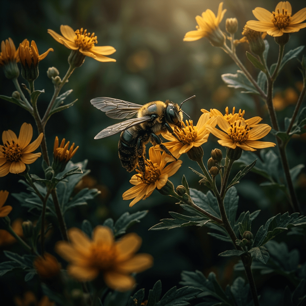 Bee gathering pollen from flowers in a moody garden