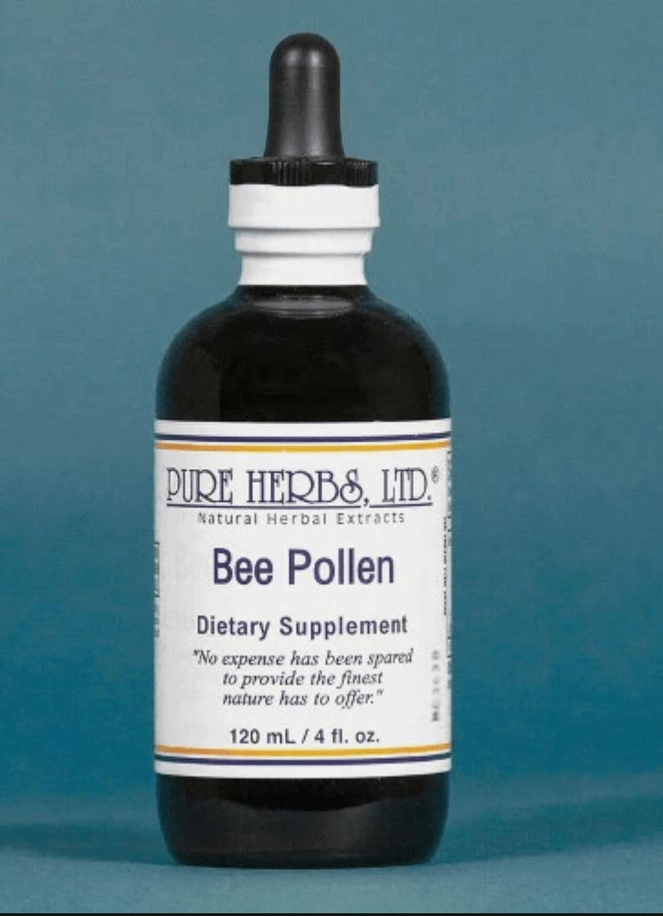 A 120 mL bottle of Pure Herbs, Ltd. Bee Pollen dietary supplement, featuring a dark amber glass bottle, white label, and black dropper cap, set against a solid teal-blue background.