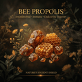 Bee Propolis editorial image with gold serif text