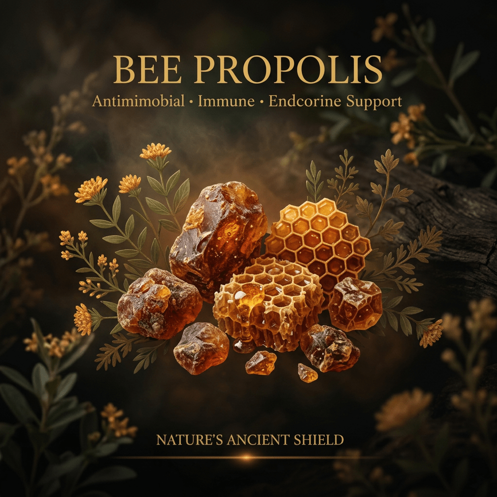 Bee Propolis editorial image with gold serif text