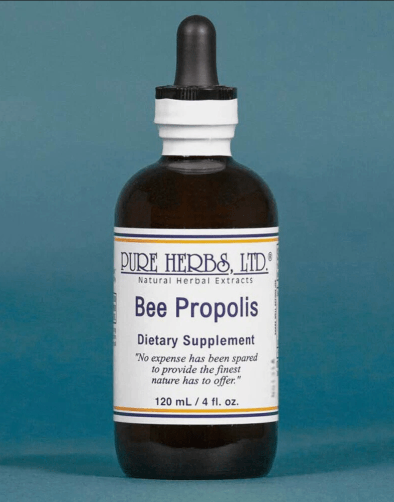 A 120 mL amber glass dropper bottle of Pure Herbs, Ltd. Bee Propolis dietary supplement, featuring a white label with blue text and a black dropper cap, set against a solid teal background.