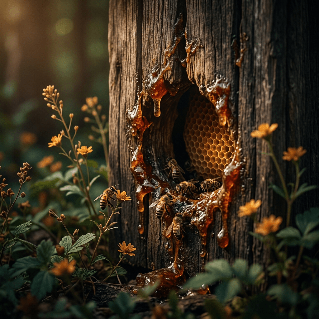 Propolis and bees at a moody rustic hive entrance
