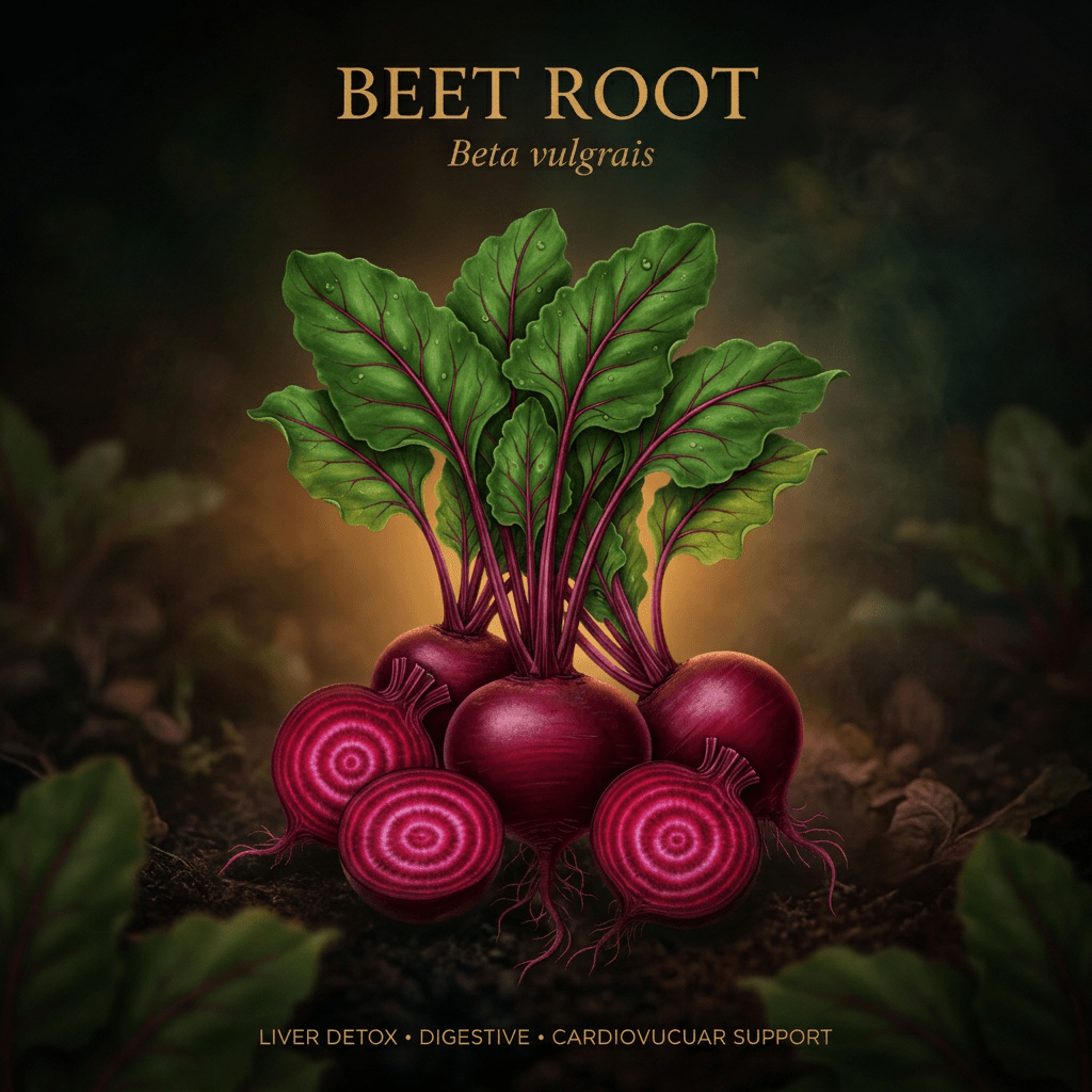 Beet root botanical editorial image with gold serif text