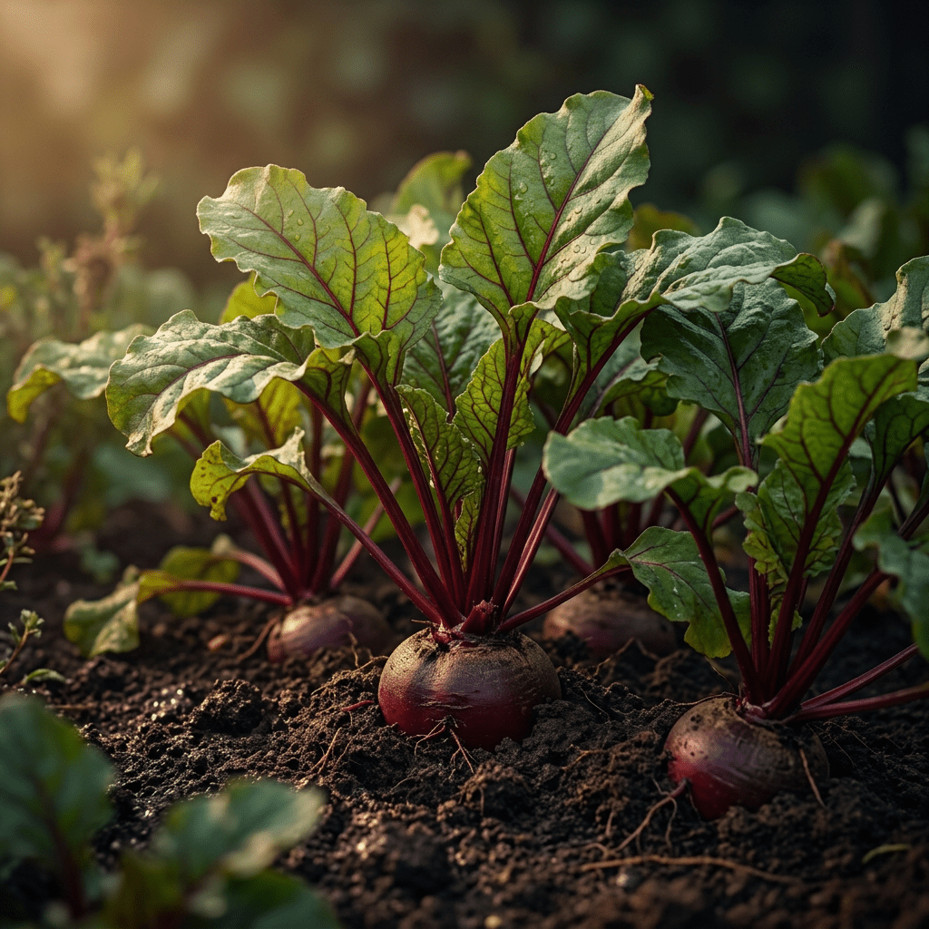 Beets growing naturally in a moody garden bed