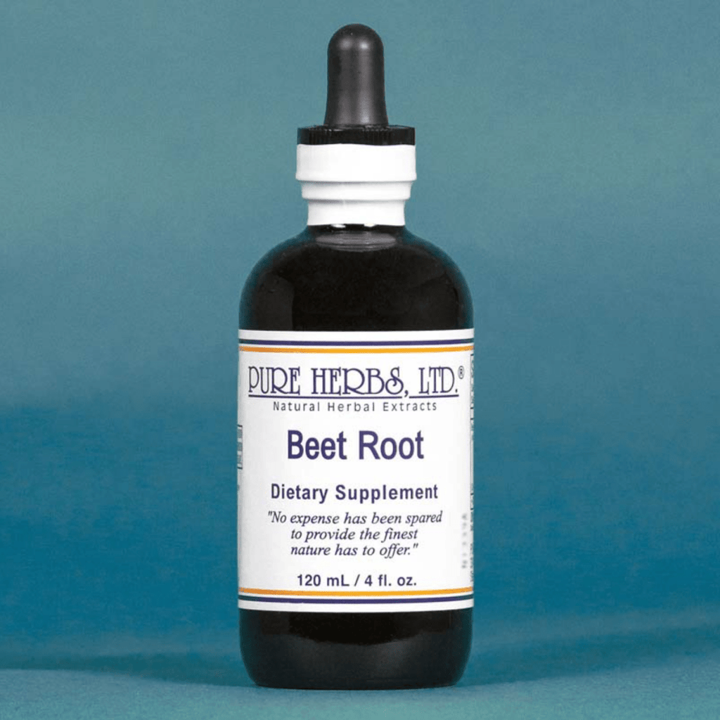 A 120 mL bottle of Pure Herbs Ltd. Beet Root Dietary Supplement, featuring a dark amber glass bottle, white label, and black dropper cap, set against a solid teal-blue background.
