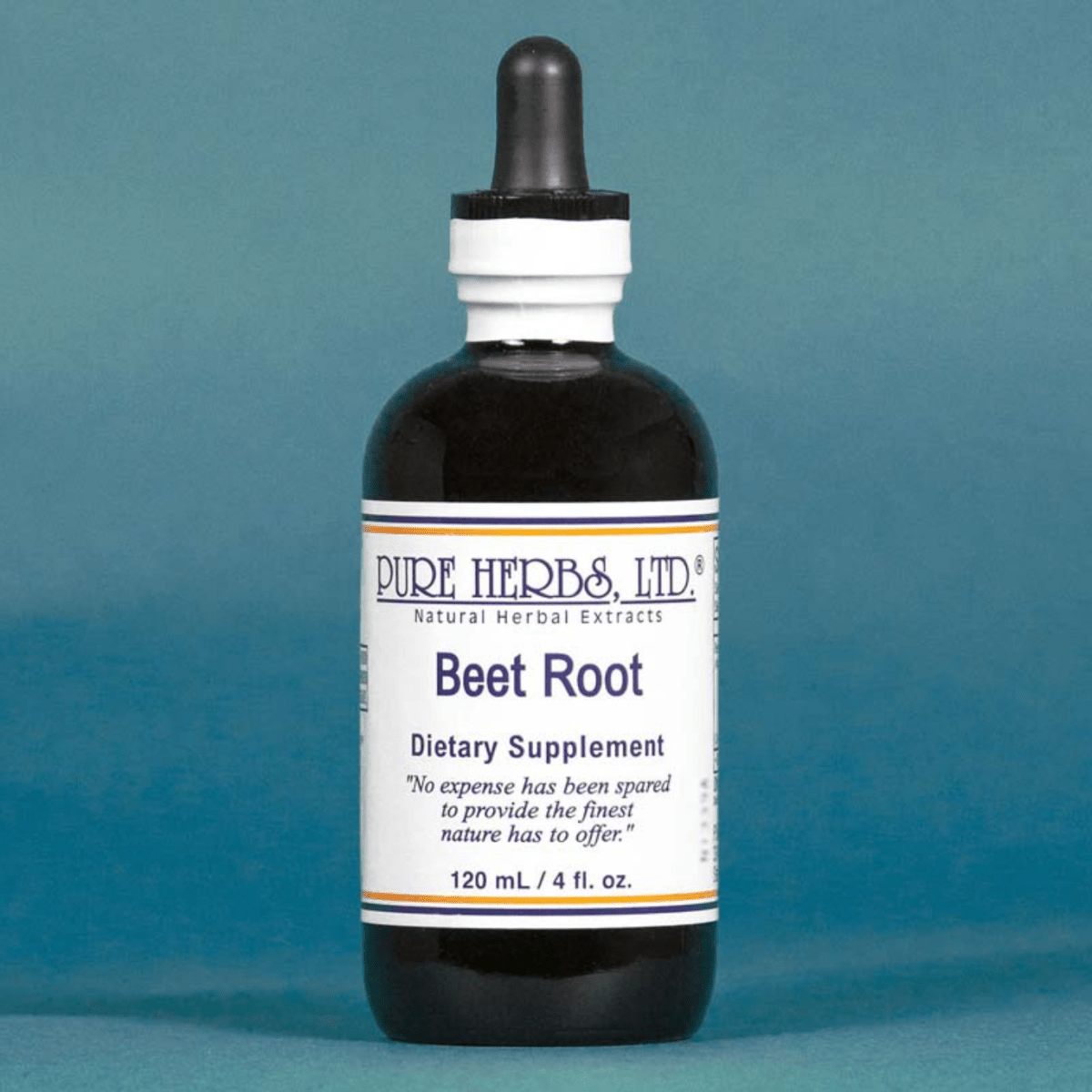 A 120 mL bottle of Pure Herbs Ltd. Beet Root Dietary Supplement, featuring a dark amber glass bottle, white label, and black dropper cap, set against a solid teal-blue background.