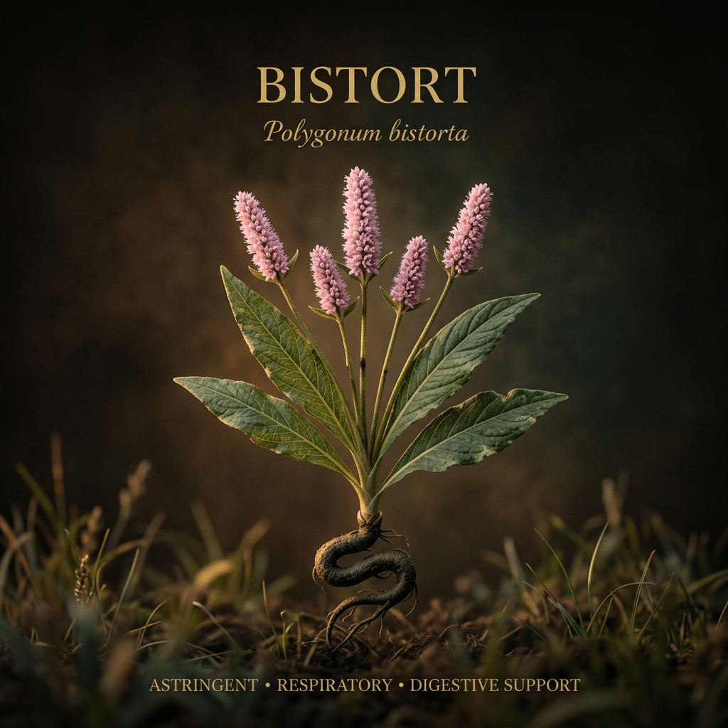 Bistort botanical editorial image with gold serif text