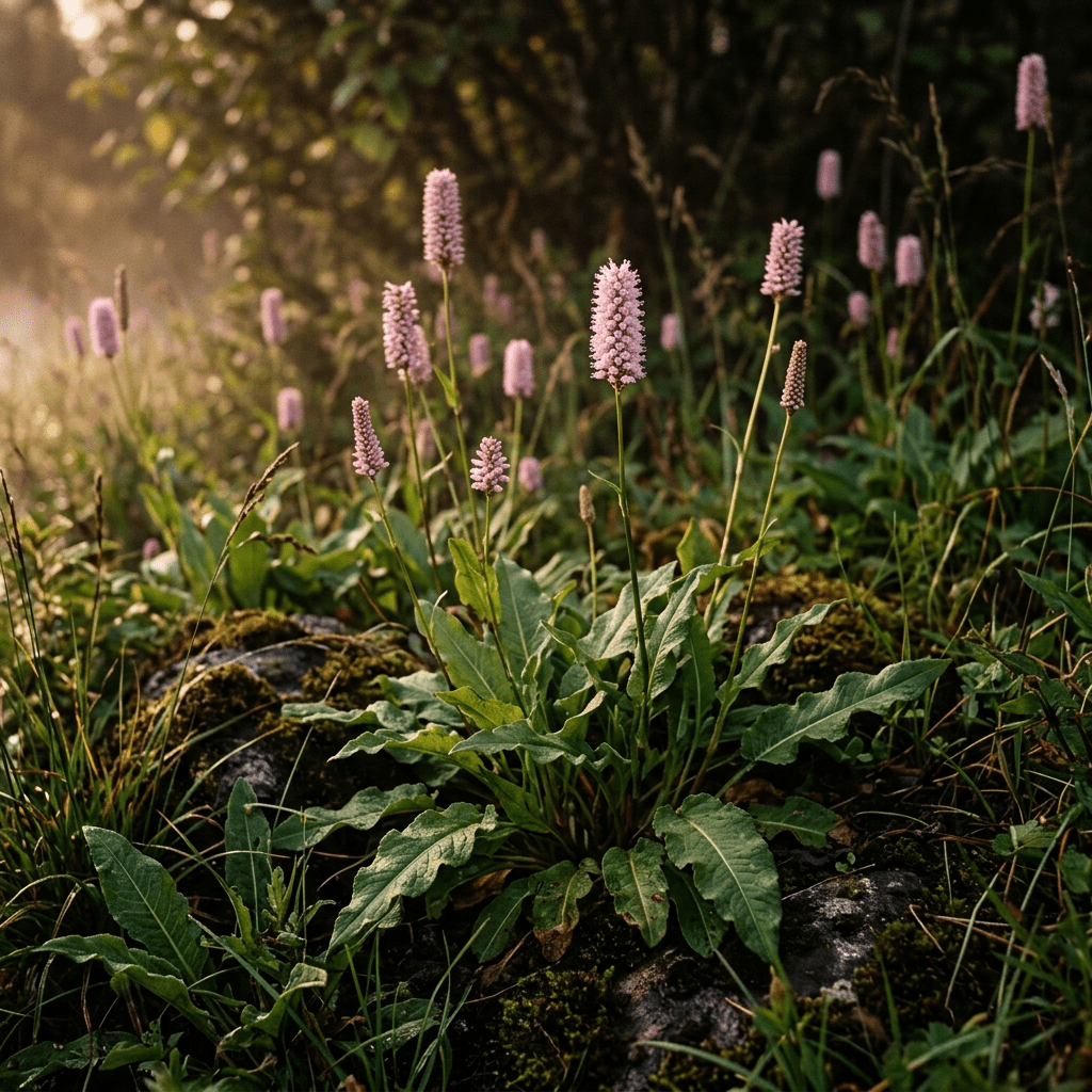 Regenerated text-free bistort meadow scene