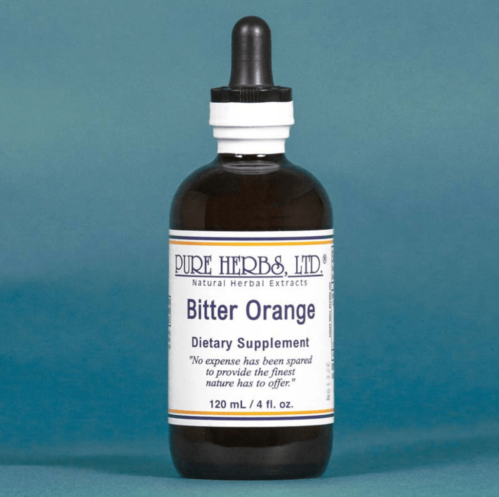 A 120 mL amber glass dropper bottle of Pure Herbs Ltd. Bitter Orange dietary supplement, featuring a white label with blue text and a black rubber dropper cap, set against a solid teal-blue background.