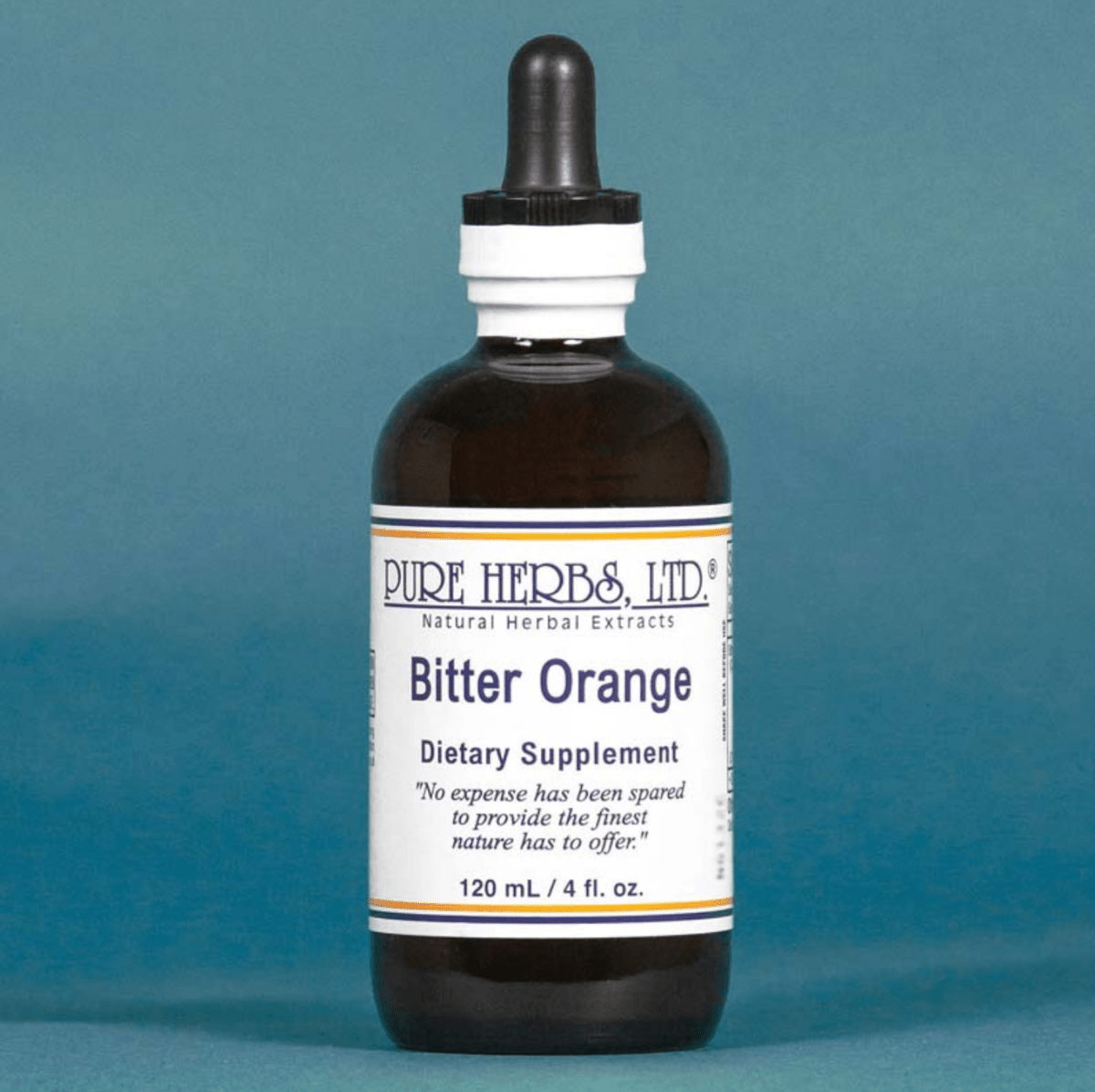A 120 mL amber glass dropper bottle of Pure Herbs Ltd. Bitter Orange dietary supplement, featuring a white label with blue text and a black rubber dropper cap, set against a solid teal-blue background.