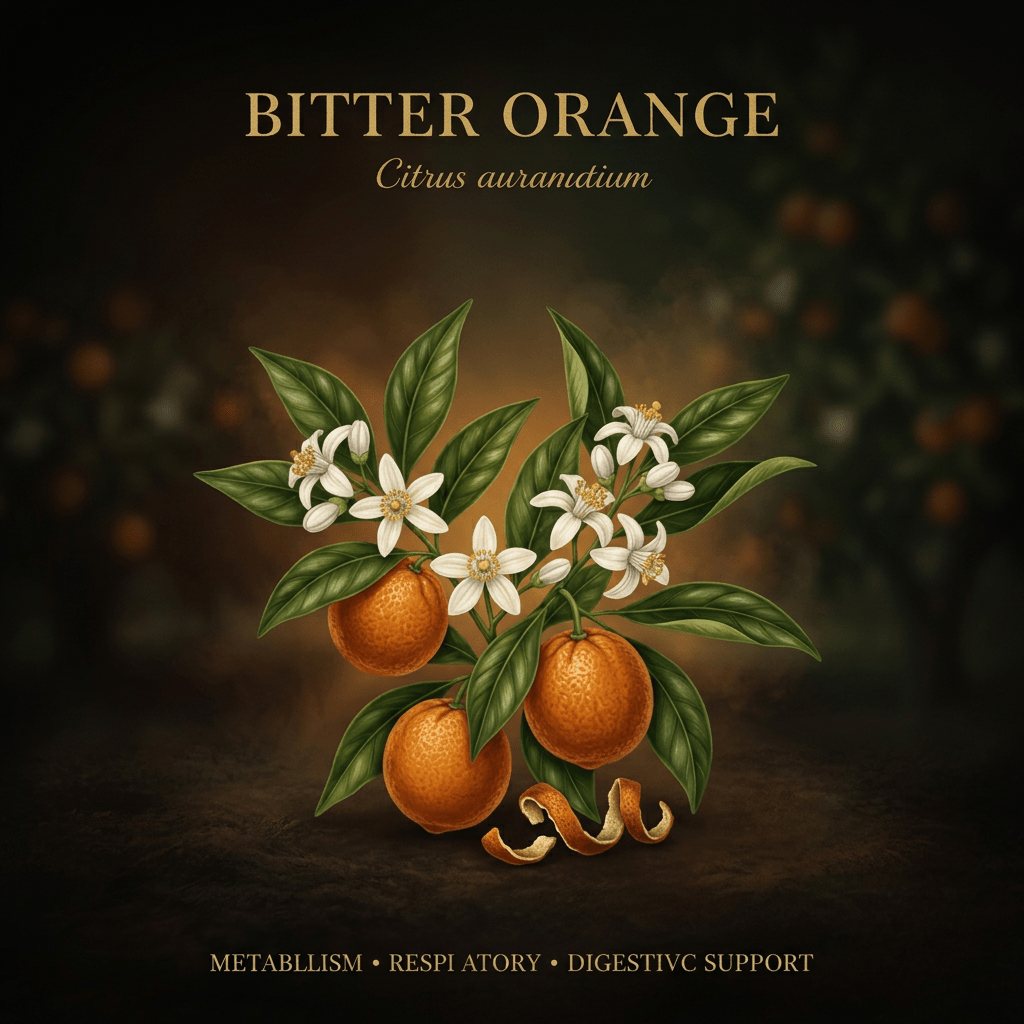 Bitter orange botanical editorial image with gold serif text