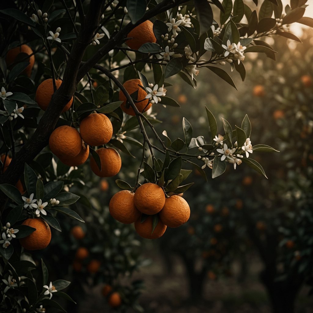 Bitter orange growing naturally in a moody orchard
