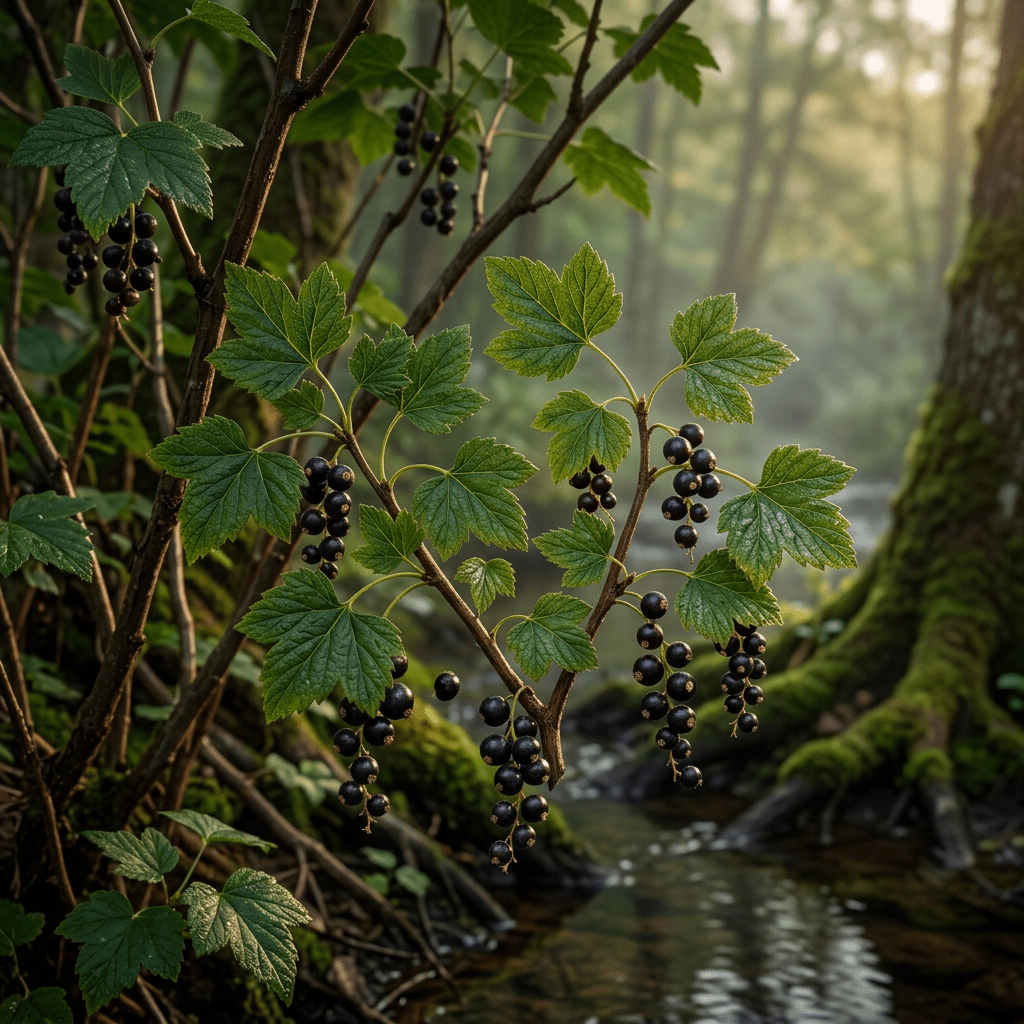 Black currant growing beside a misty woodland brook