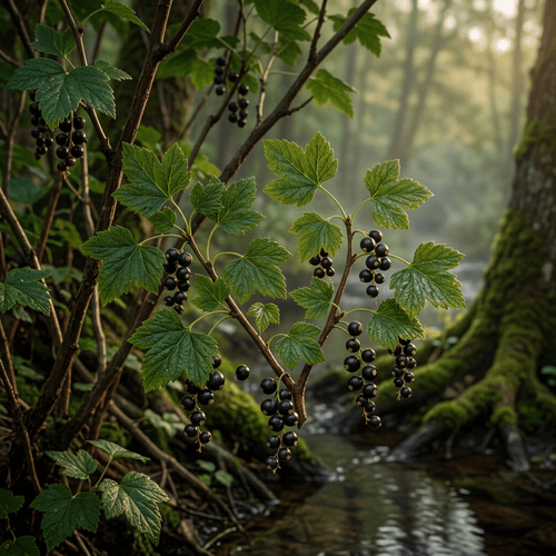 Black currant growing beside a misty woodland brook