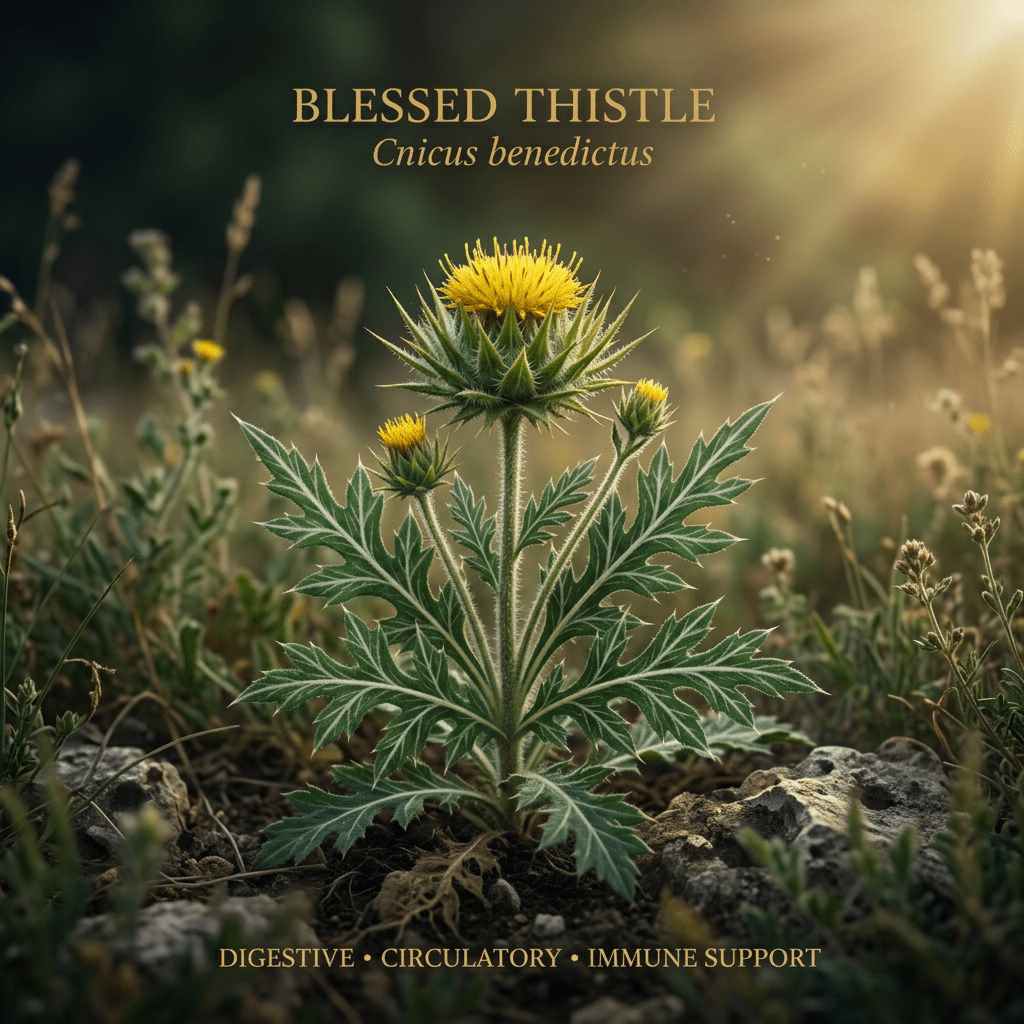Blessed thistle editorial image in golden botanical light