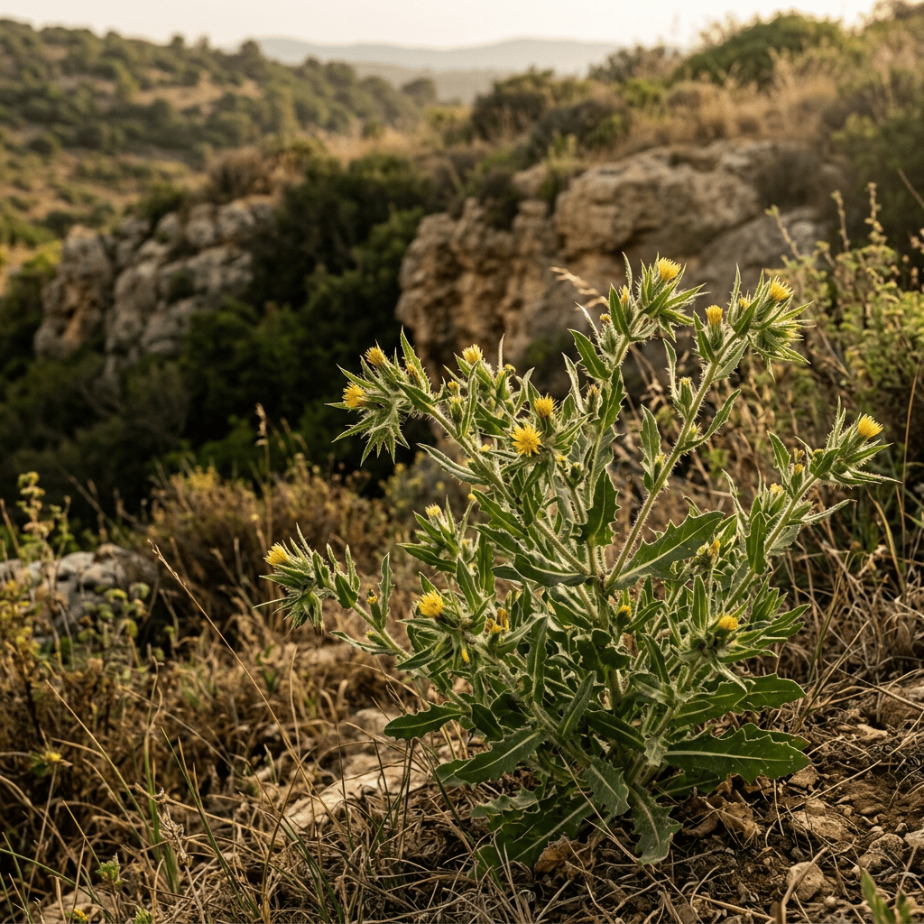Blessed thistle growing in a Mediterranean meadow