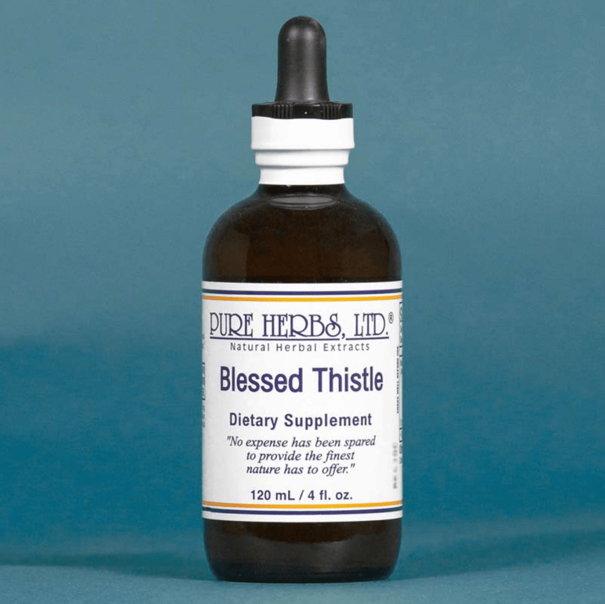 A 120 mL amber glass dropper bottle of Pure Herbs, Ltd. Blessed Thistle dietary supplement, set against a solid slate blue background.