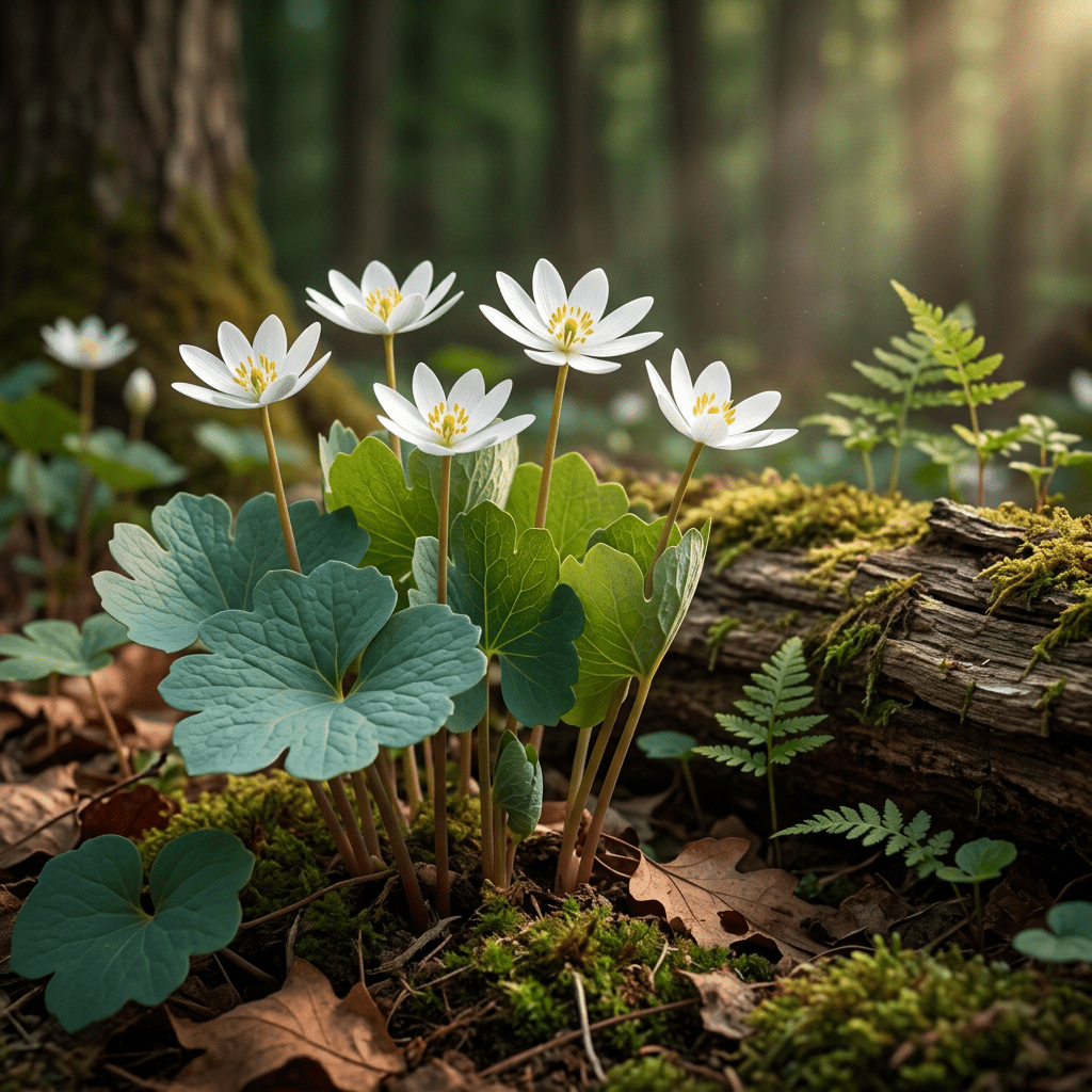 Bloodroot growing on a spring woodland floor