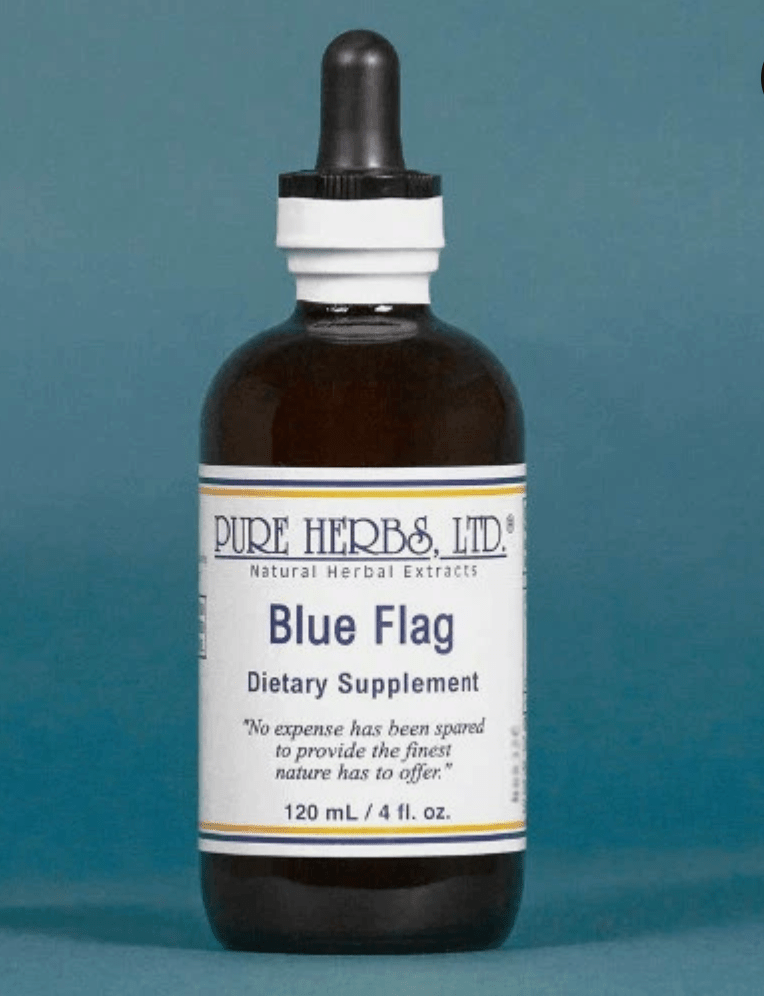 A 120 mL amber glass dropper bottle of Pure Herbs, Ltd. Blue Flag dietary supplement, featuring a white label with blue text and a black rubber dropper cap, set against a solid teal-blue background.