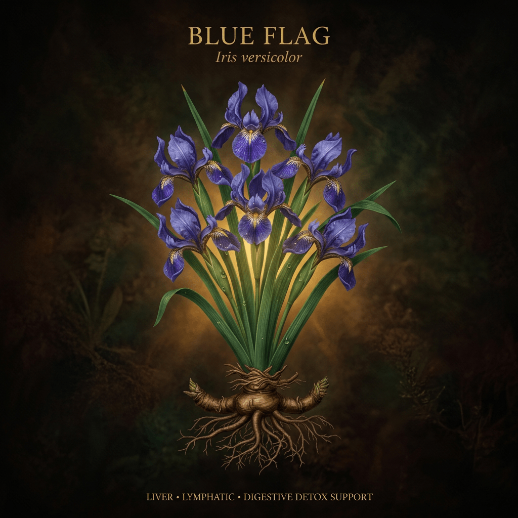 Blue flag iris editorial image with gold serif text