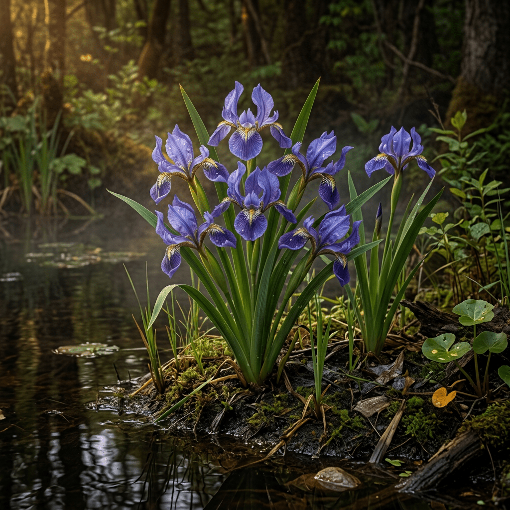 Blue flag irises growing naturally beside a moody woodland pond