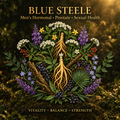 Blue Steele botanical editorial image with gold serif text