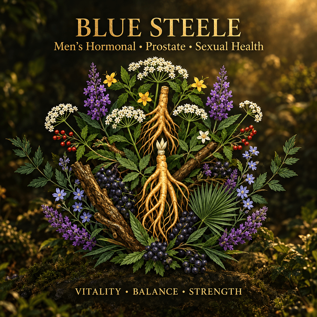 Blue Steele botanical editorial image with gold serif text