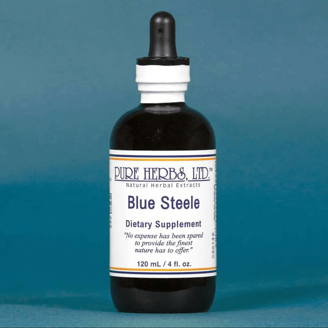 A 120 mL bottle of Pure Herbs, Ltd. Blue Steele dietary supplement, featuring a dark amber glass bottle, white and black dropper cap, and a white label with blue text, set against a solid blue background.