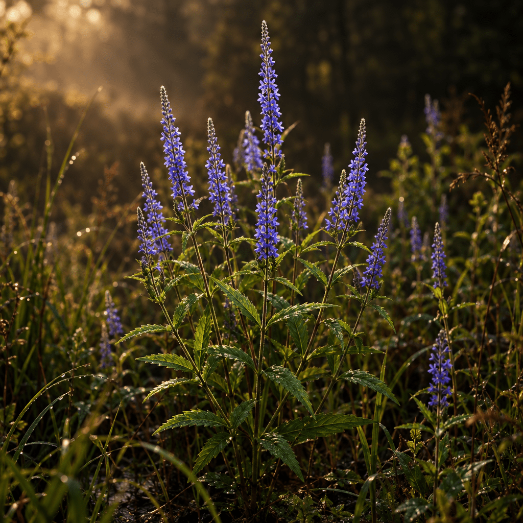 Blue vervain growing naturally in a moody meadow