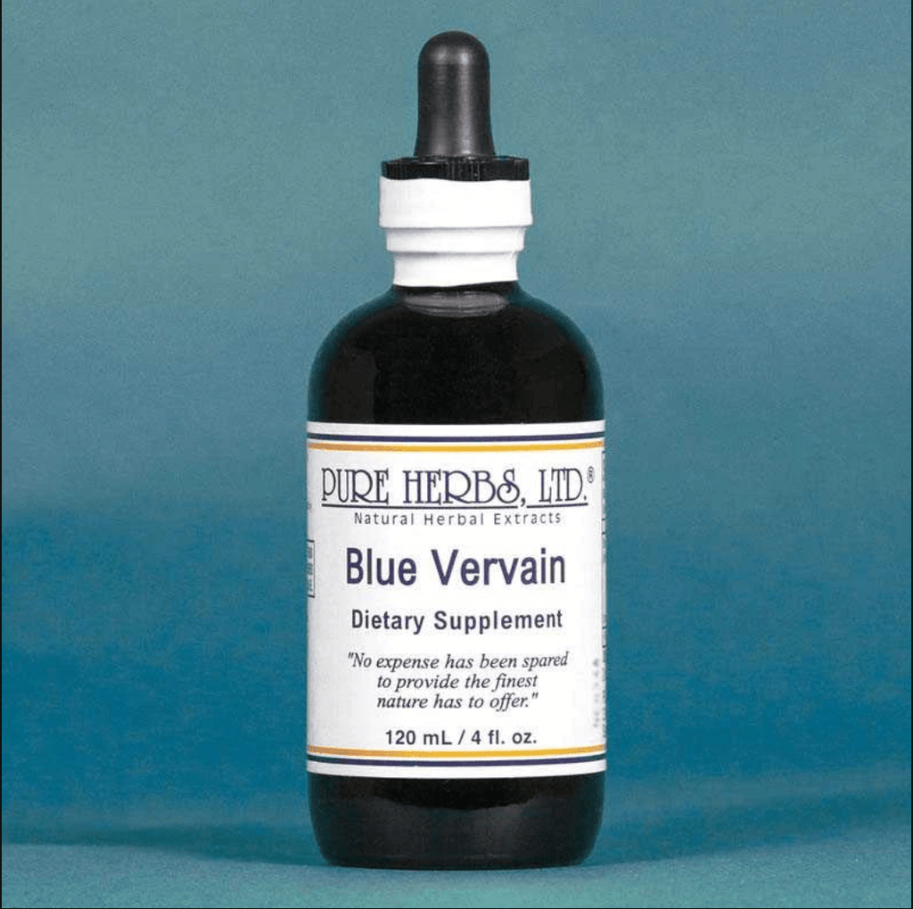 A 120 mL bottle of Pure Herbs Ltd. Blue Vervain dietary supplement, featuring a dark amber glass bottle, white label, and black dropper cap, set against a solid teal-blue background.