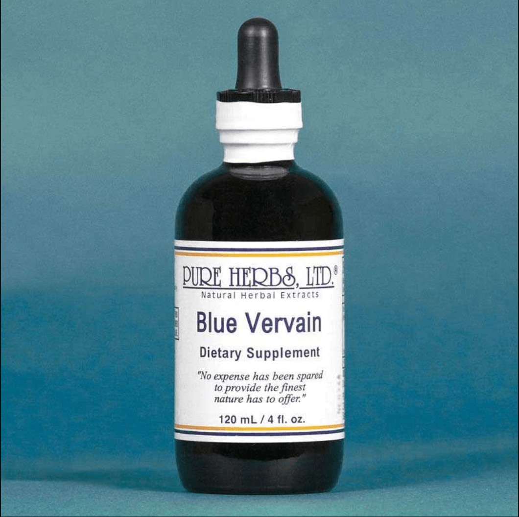 A 120 mL bottle of Pure Herbs Ltd. Blue Vervain dietary supplement, featuring a dark amber glass bottle, white label, and black dropper cap, set against a solid teal-blue background.