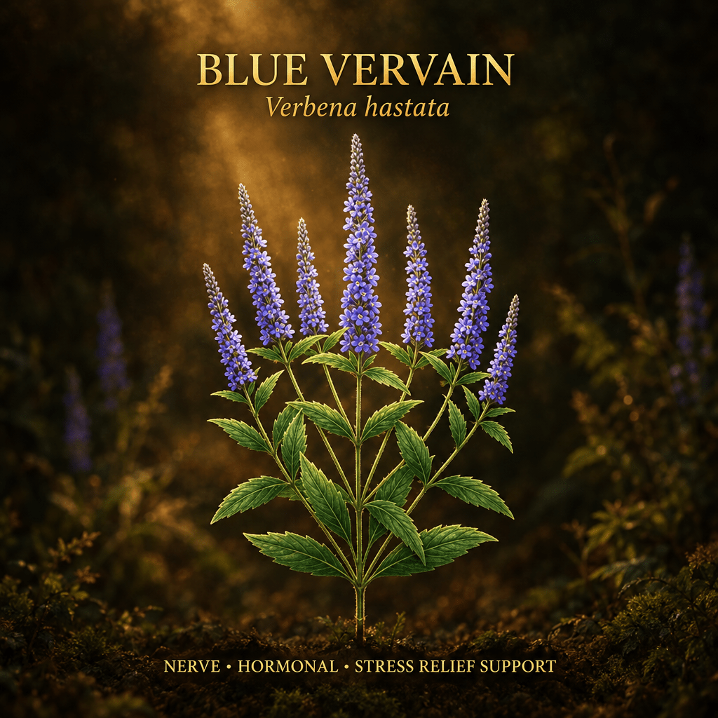 Blue vervain botanical editorial image with gold serif text