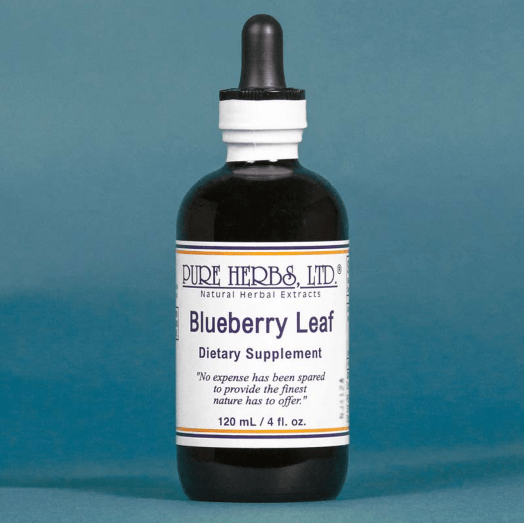 A 120 mL dark amber glass dropper bottle of Pure Herbs, Ltd. Blueberry Leaf Dietary Supplement, featuring a white label and black dropper cap, set against a solid blue background.