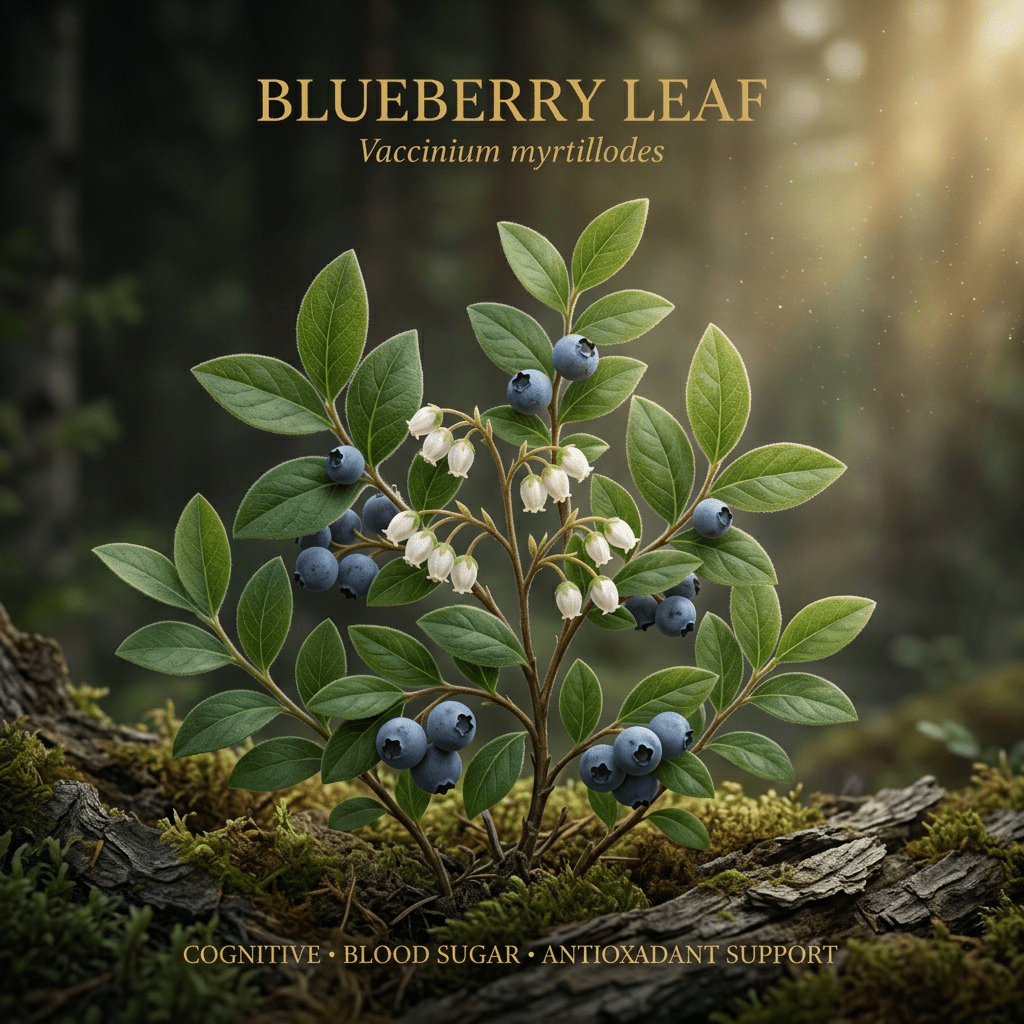 Blueberry leaf editorial image in golden woodland light