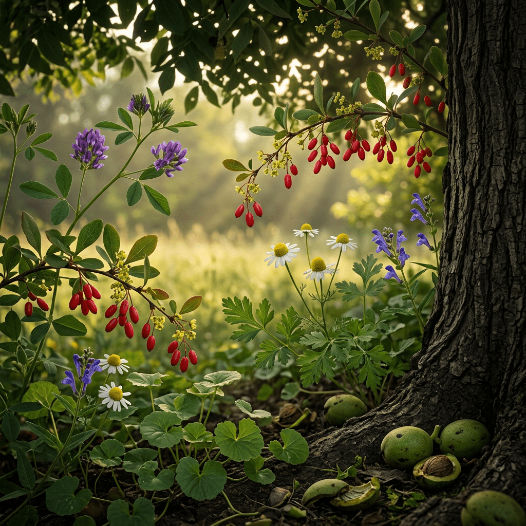 B&NC-W botanicals beneath a walnut tree