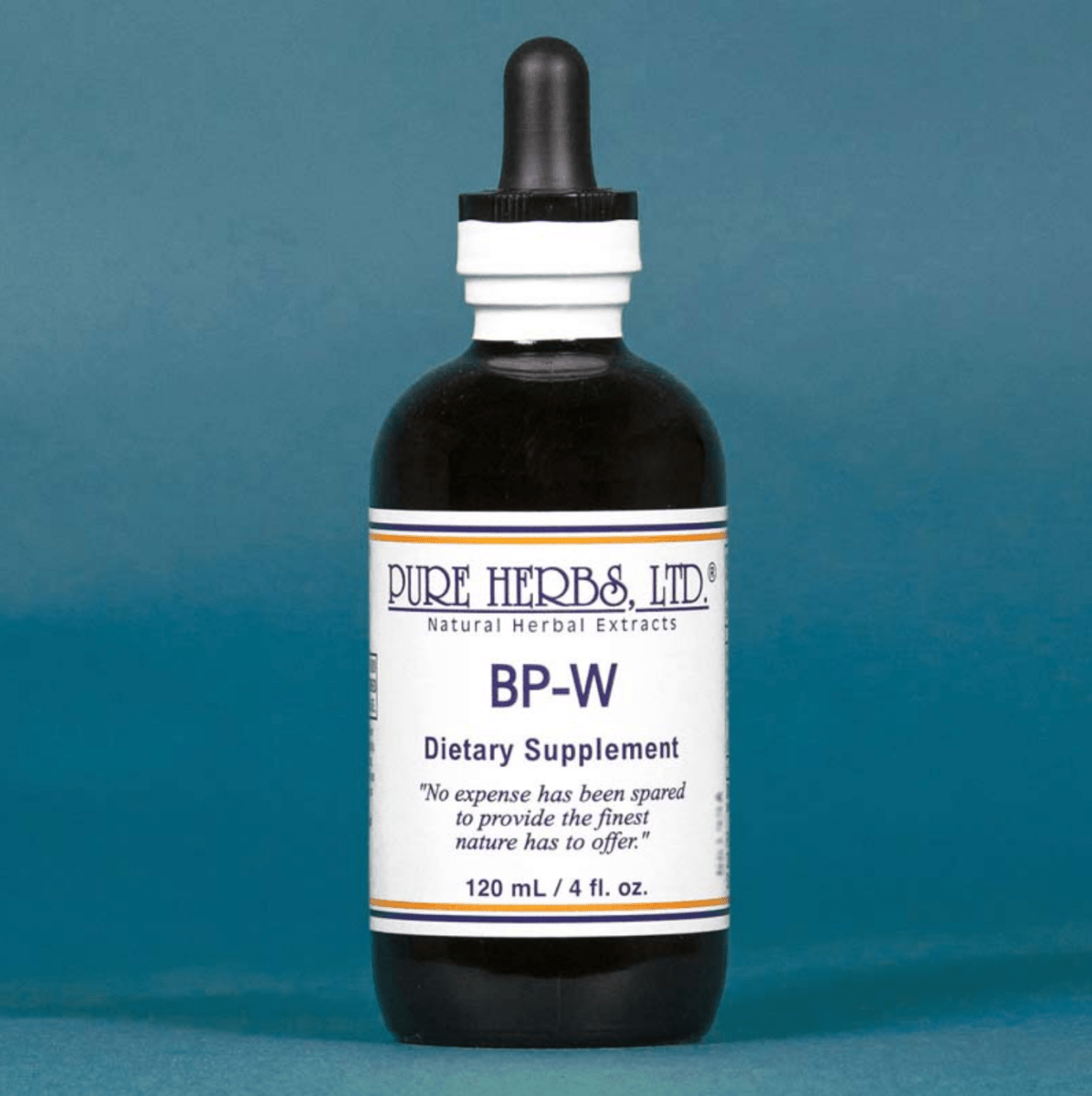 A bottle of BP-W dietary supplement by Pure Herbs Ltd. The product is in a dark amber glass bottle with a white label and a black dropper cap, set against a solid slate blue background.