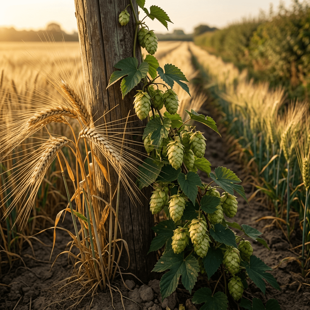 Barley and hops along a golden-lit field boundary