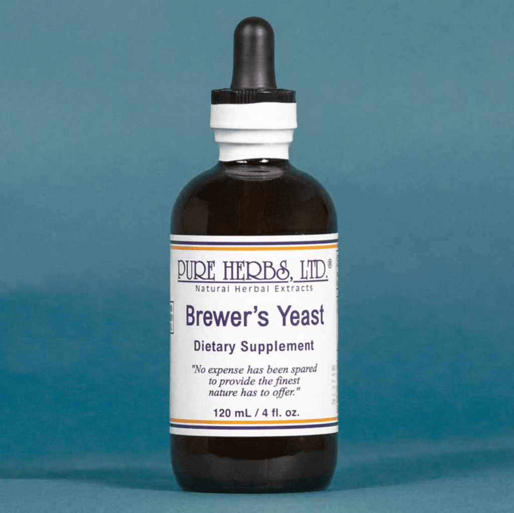 A 120 mL amber glass dropper bottle of Pure Herbs, Ltd. Brewer's Yeast dietary supplement, set against a solid slate blue background.